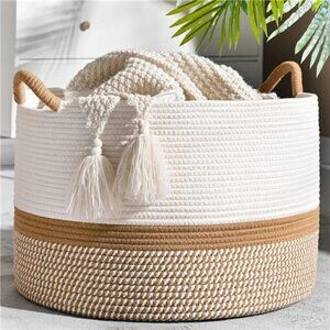 Large Blanket Basket 20"x13" Woven Baskets for storage Baby Laundry Hamper Rope